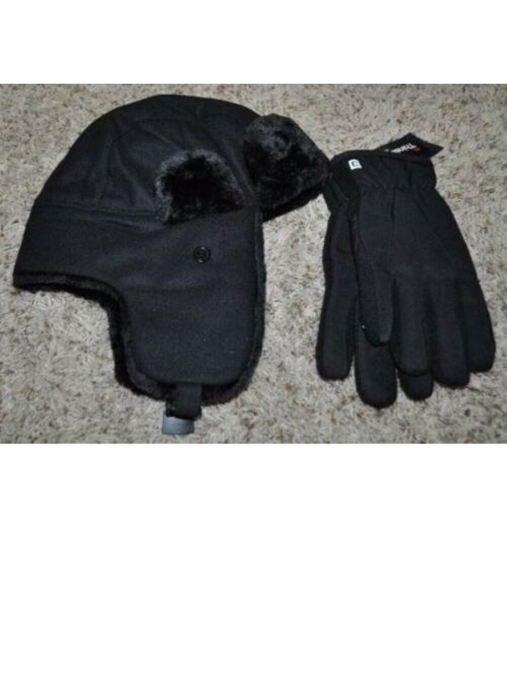 Chaps Trapper Hat & Touchscreen Gloves S/M Mens Black Fleece Wool Blend Winter